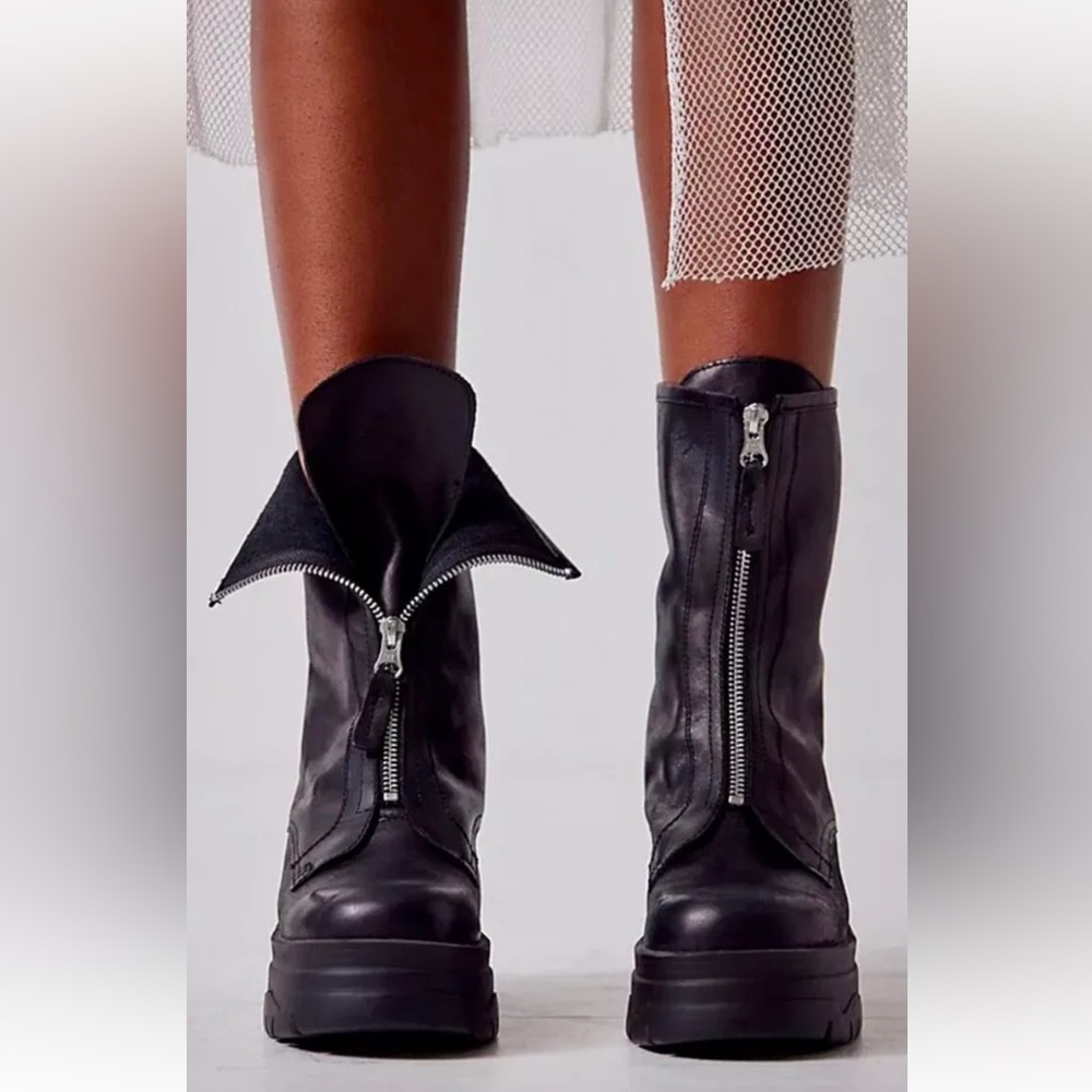 Free People Myles Zip Front Boot Chunky Platform Black Leather